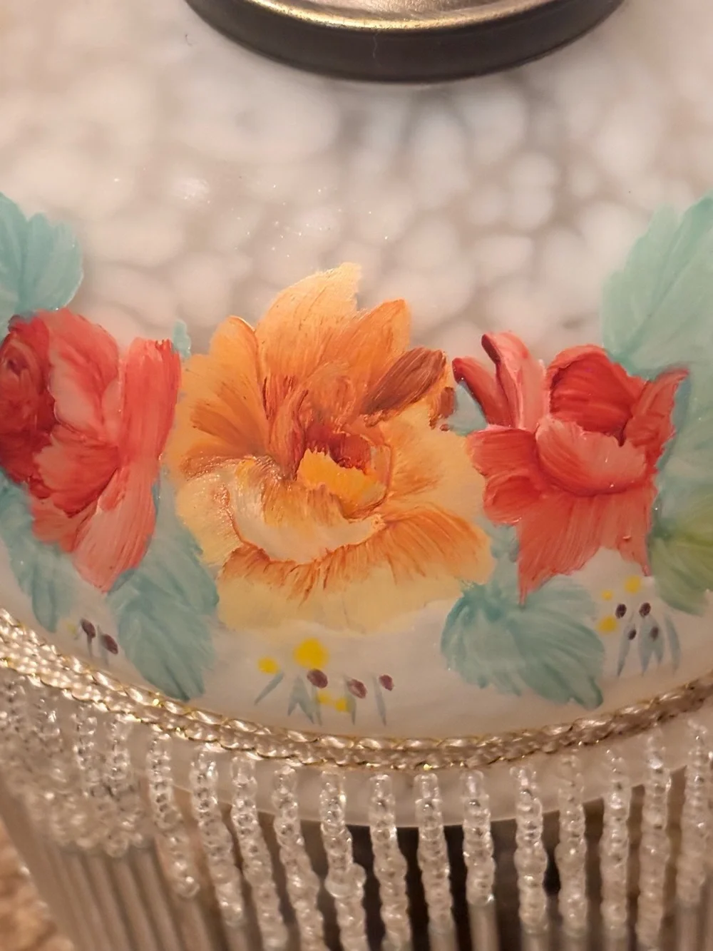 Vintage Hand Painted Floral Beaded Lamp - Bronze Base